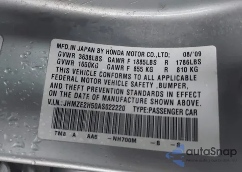 2010 Honda Insight Lx z USA, uszkodzony, nr VIN JHMZE2H50AS022220